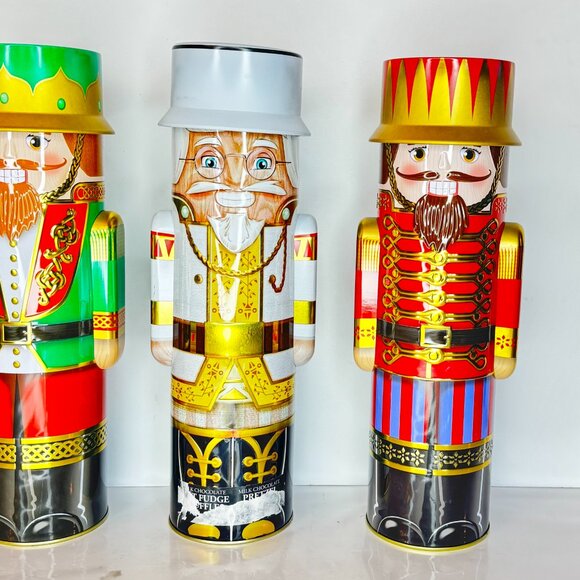 Silver Crane Christmas 12" Empty Tin Collector Nutcracker Holiday Lidded Set 4 - Picture 4 of 11